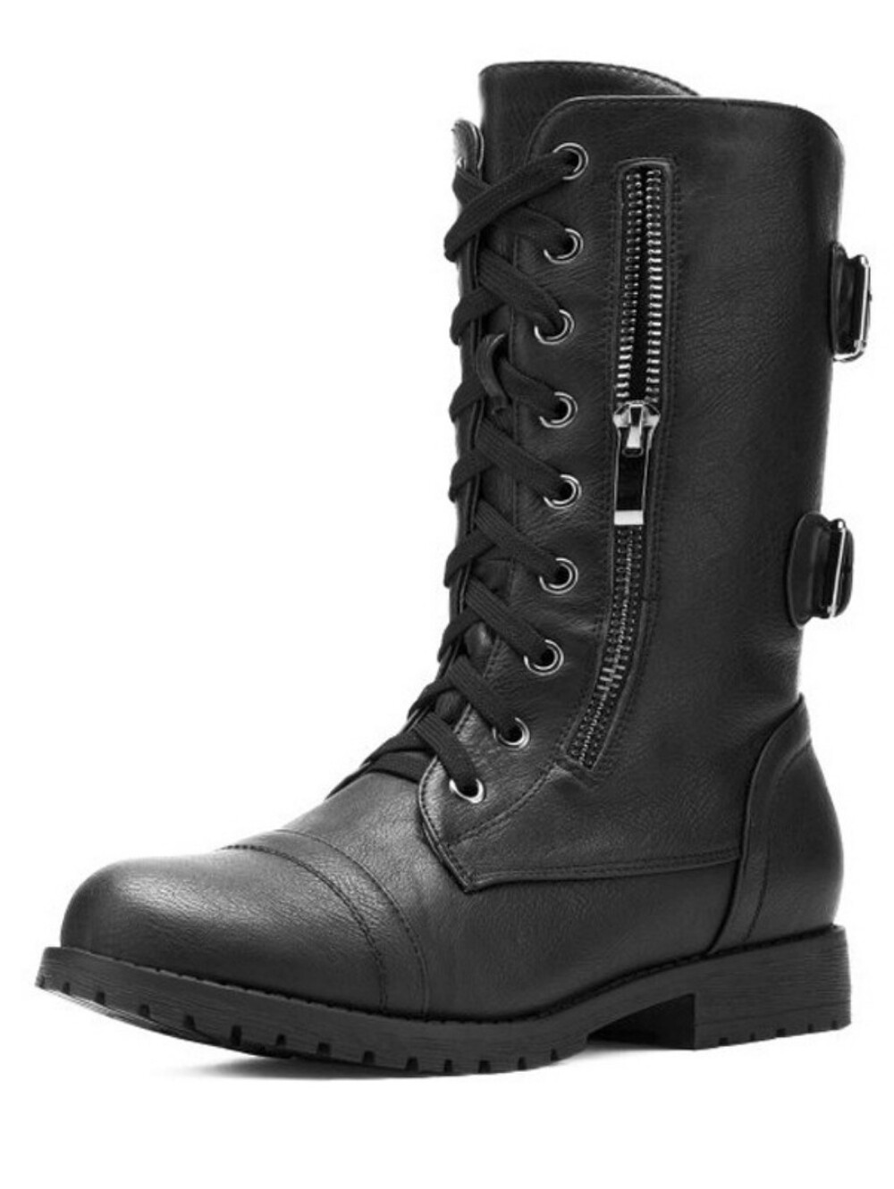 Classic Stylish Black Lace-Up Combat Boots with Side Zip, Buckles, Pocket, 8